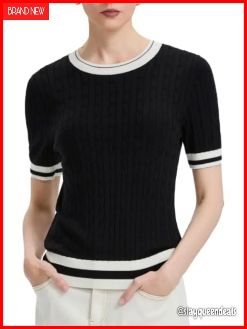 Short Sleeve Sweater - Silk Blend Cable Knit Striped Pullover Lightweight